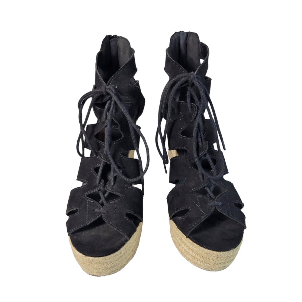 Black velvet lace up platform wedge espadrille sandals Size 8.5 - Picture 2 of 6